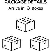 Package details graphic showing the shed arrives flat packed in 3 boxes