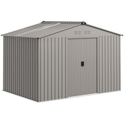 Silver grey 9x6ft Outsunny metal garden shed with apex roof and sliding doors