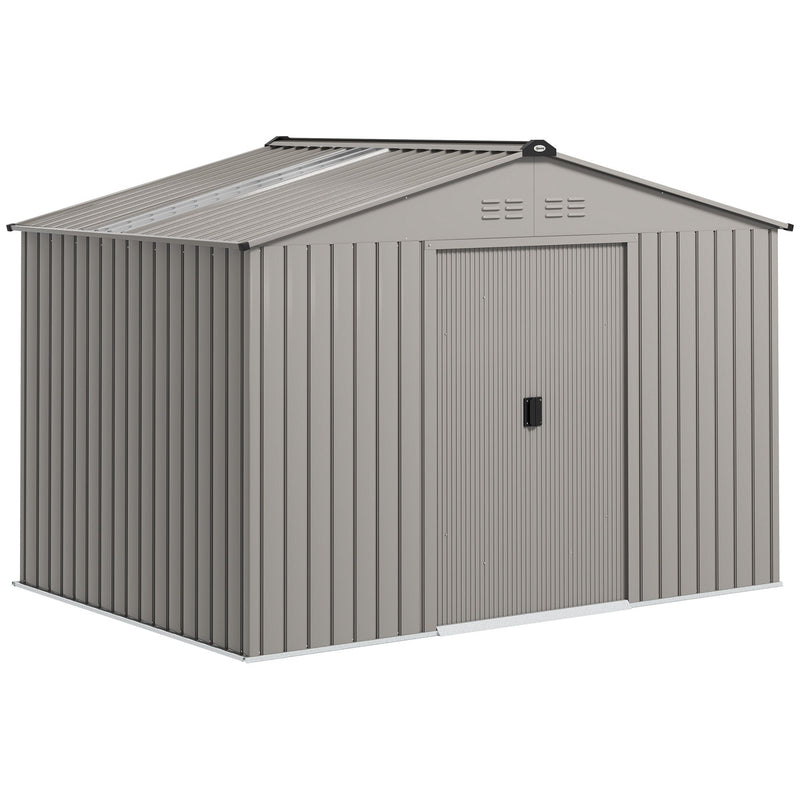 Silver grey 9x6ft Outsunny metal garden shed with apex roof and sliding doors