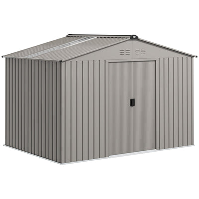 Silver grey 9x6ft Outsunny metal garden shed with apex roof and sliding doors