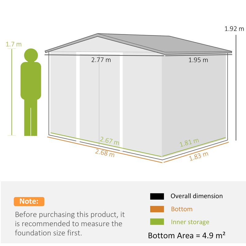 Dimension diagram showing the shed at 277 cm long, 195 cm wide and 192 cm high