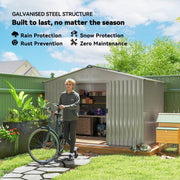 Galvanised steel shed in a garden with rain, snow and rust protection listed