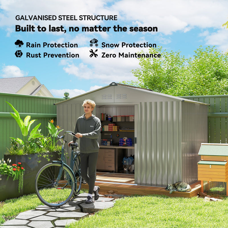 Galvanised steel shed in a garden with rain, snow and rust protection listed