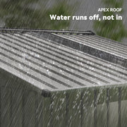 Rain running off the pitched apex roof panels of the metal garden shed