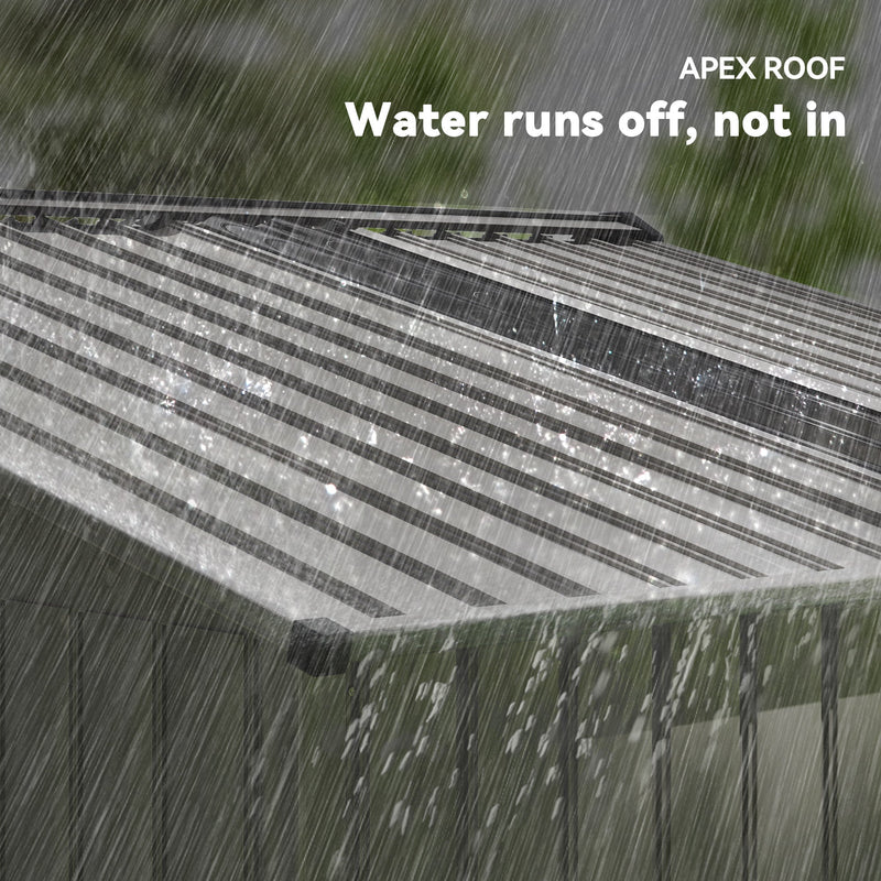 Rain running off the pitched apex roof panels of the metal garden shed