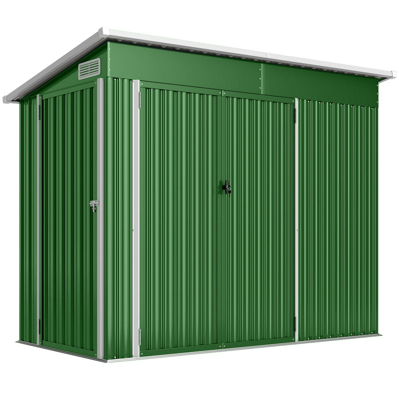 Green 8x4ft Outsunny metal garden shed shown closed from the front