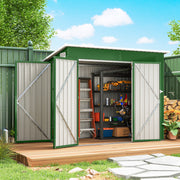 Green metal shed on decking with its double doors open showing a ladder and tools