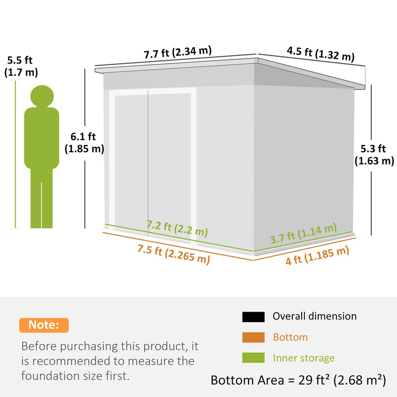 Dimension diagram showing the shed at 234 x 132 cm with a 226.5 x 118.5 cm base