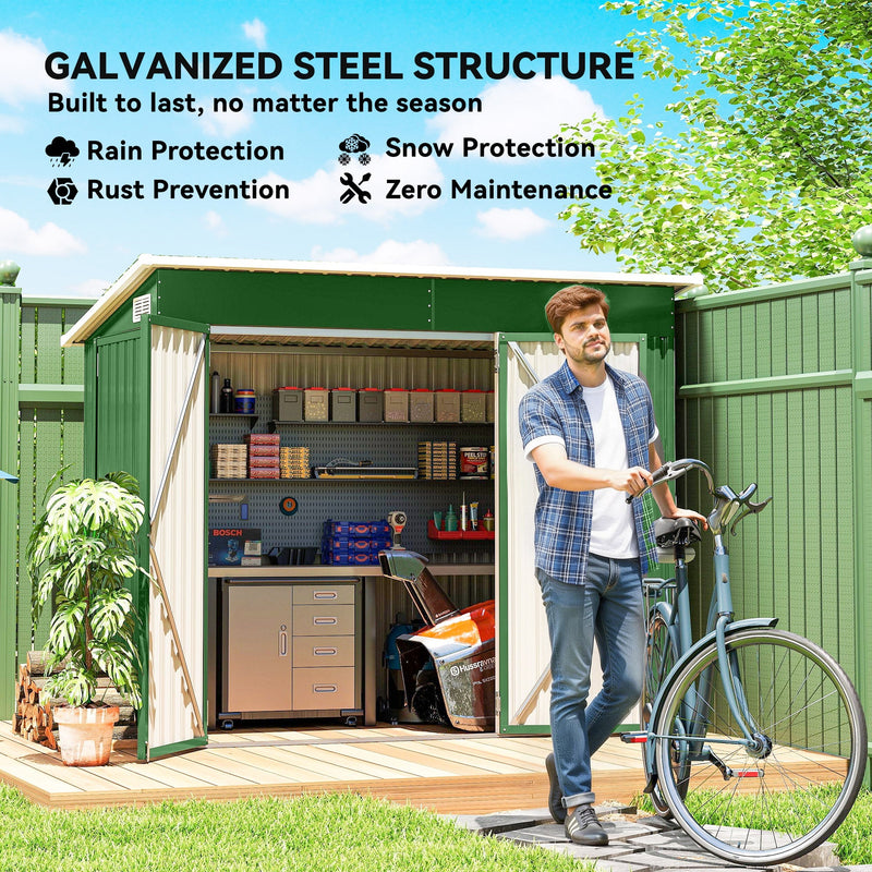 Man standing with a bicycle next to the open green metal garden shed