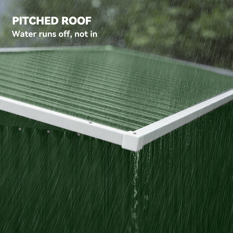 Close-up of the pent roof edge with rain running off the green shed