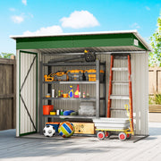 Cutaway view of the green shed shown filled with tools, a ladder and sports gear