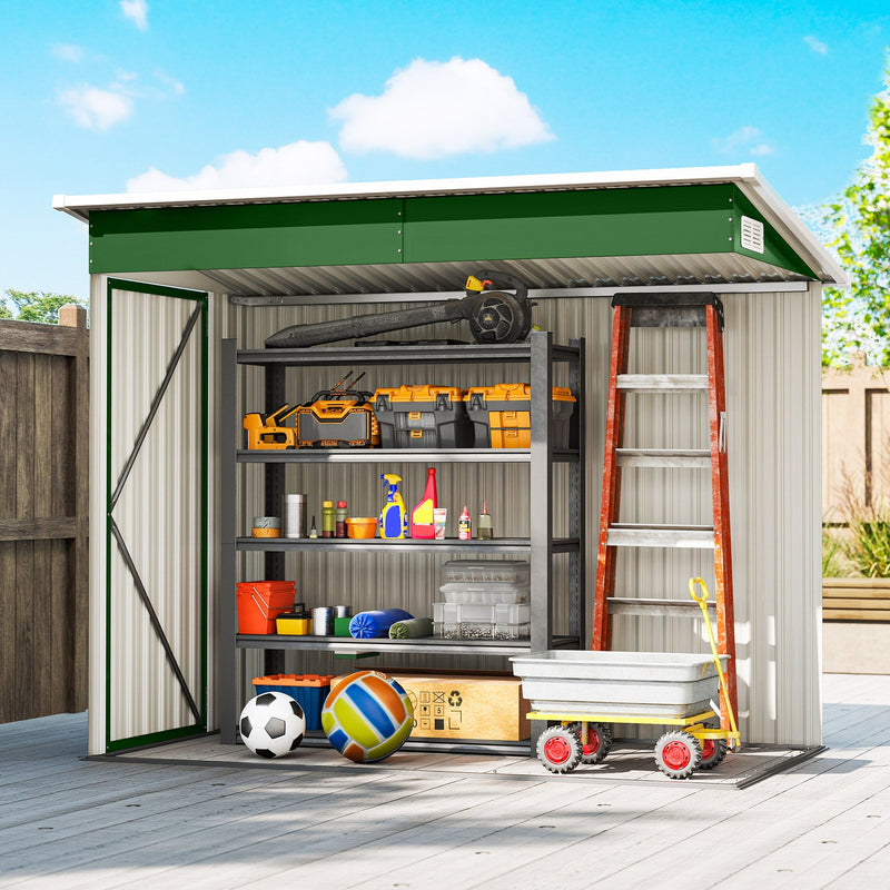 Cutaway view of the green shed shown filled with tools, a ladder and sports gear