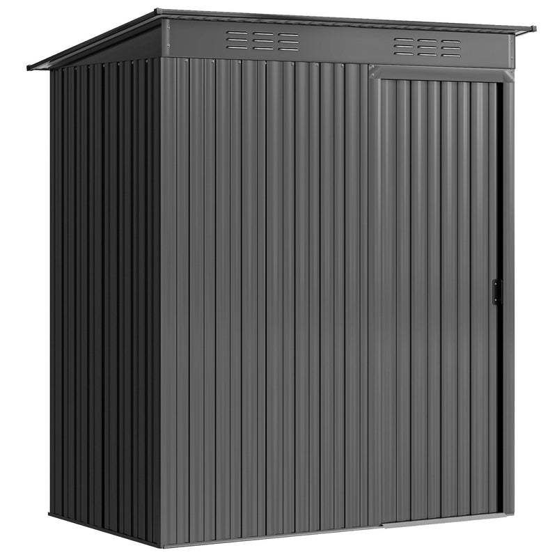 Dark grey 5x3ft Outsunny metal garden shed shown closed from the front