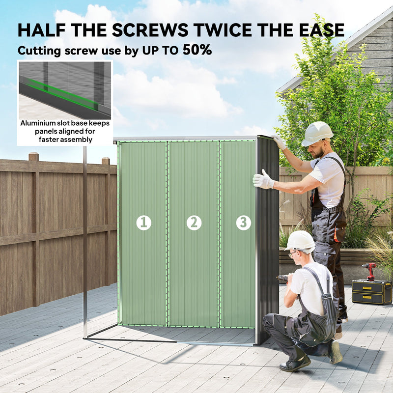 Two people assembling a green metal garden shed using the aluminium slot base