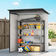 Cutaway view of the shed interior shown filled with garden tools and sports gear