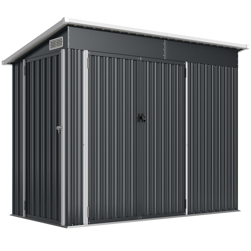 Dark grey 8x4ft Outsunny pent roof metal shed with three closed lockable doors