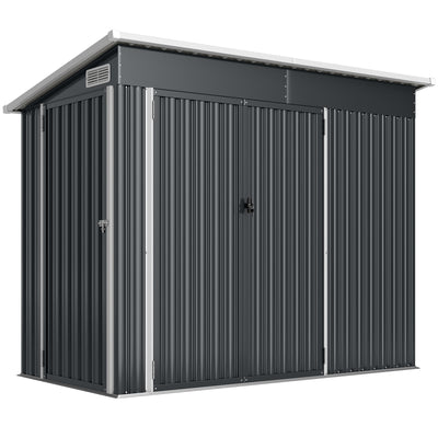 Dark grey 8x4ft Outsunny pent roof metal shed with three closed lockable doors
