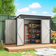 Dark grey pent shed on decking with all doors open showing a ladder and power tools
