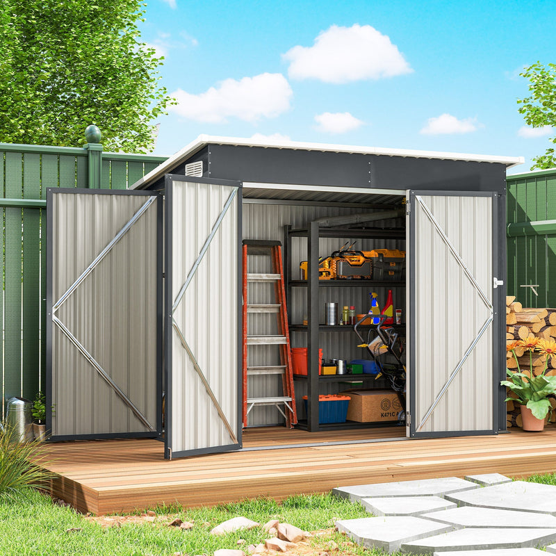 Dark grey pent shed on decking with all doors open showing a ladder and power tools