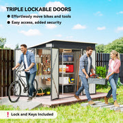 Triple lockable doors of the dark grey shed with the lock and keys that are included