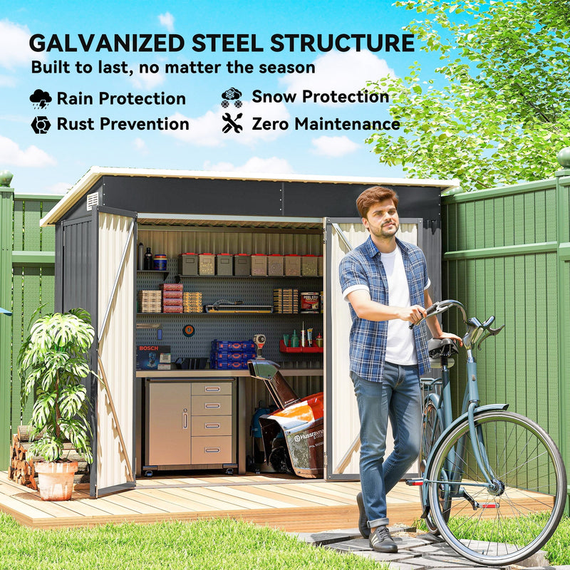 Galvanised steel structure of the dark grey pent shed shown in a garden setting