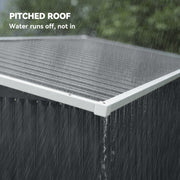 Rain running off the sloped pent roof edge of the dark grey metal shed