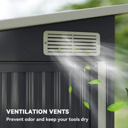 Close-up of the louvred side vent on the dark grey shed with air flowing through