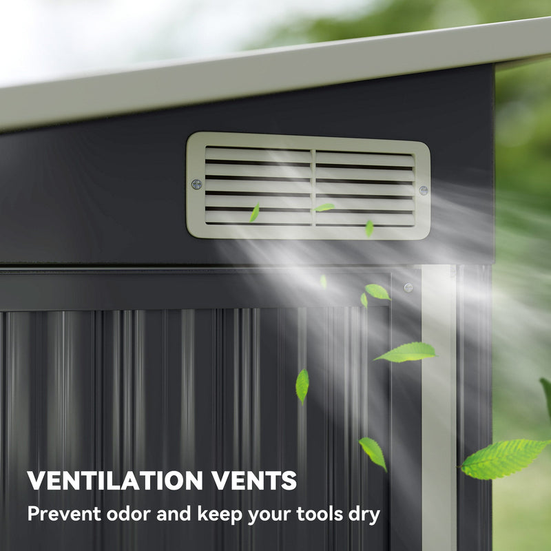 Close-up of the louvred side vent on the dark grey shed with air flowing through