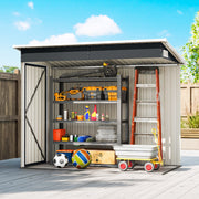 Dark grey pent shed with doors open holding shelving, a ladder and sports gear
