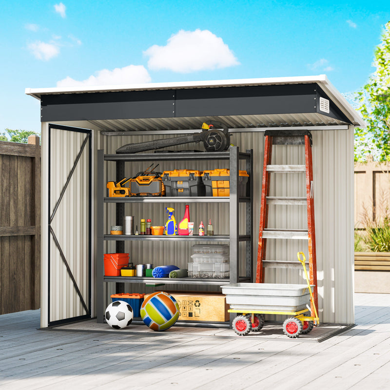 Dark grey pent shed with doors open holding shelving, a ladder and sports gear