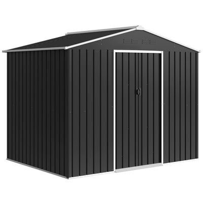 Dark grey 8x6ft Outsunny metal garden shed with closed double sliding doors, studio angle view