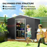 Children running past the dark grey metal shed, galvanised steel rain, snow and rust protection panel