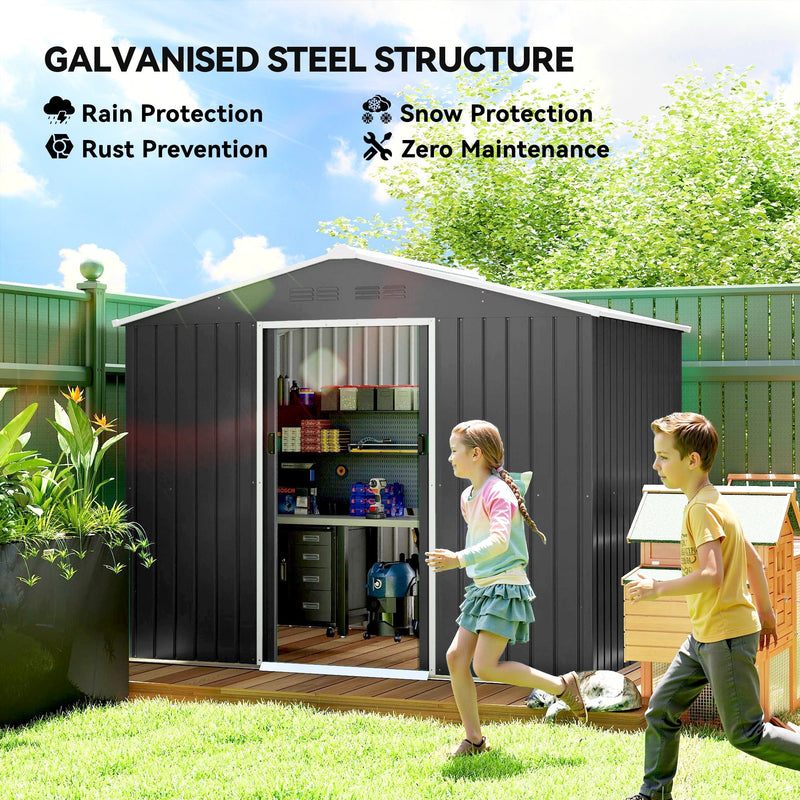 Children running past the dark grey metal shed, galvanised steel rain, snow and rust protection panel