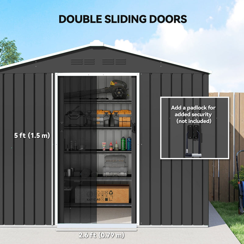 Front view of the dark grey shed's double sliding doors, 79cm wide and 150cm high opening