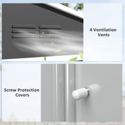 Close-up of the dark grey shed's four gable ventilation vents and screw protection covers