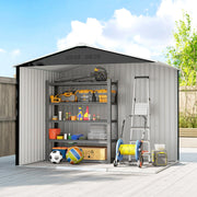 Cutaway interior view of the dark grey shed with shelving, a step ladder and a hose reel