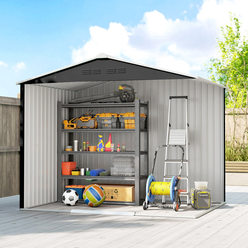 Cutaway interior view of the dark grey shed with shelving, a step ladder and a hose reel
