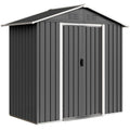 Dark grey 6x4ft Outsunny metal garden shed with closed double sliding doors, front angle