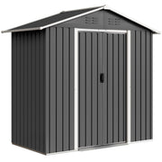 Dark grey 6x4ft Outsunny metal garden shed with closed double sliding doors, front angle