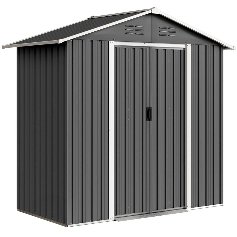 Dark grey 6x4ft Outsunny metal garden shed with closed double sliding doors, front angle