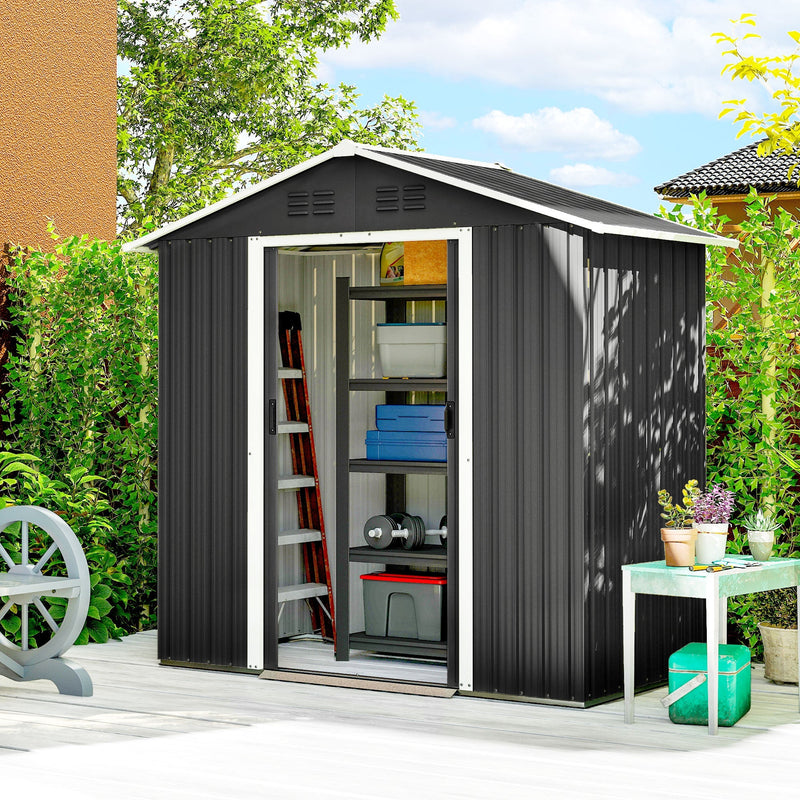 Dark grey metal shed in a garden with the sliding doors open showing stored equipment