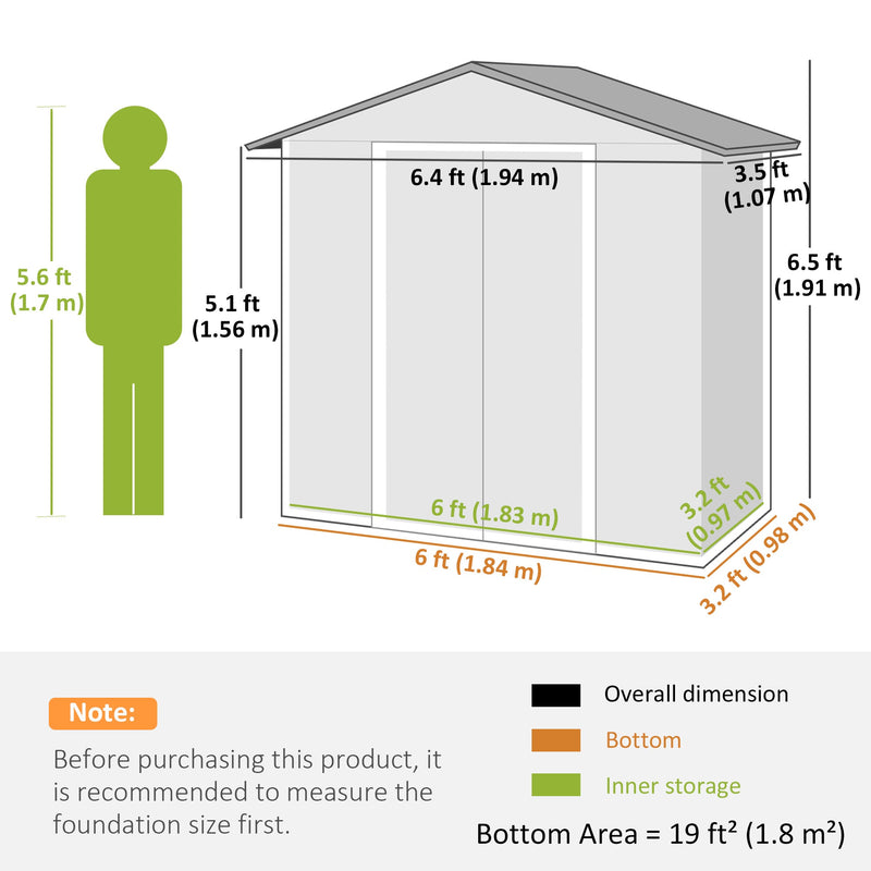 Dimension diagram of the 6x4ft metal shed, 194 cm wide, 107 cm deep and 191 cm high