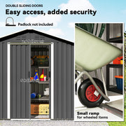 Double sliding doors of the dark grey shed with a 79 cm opening and a threshold ramp