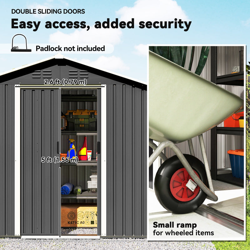 Double sliding doors of the dark grey shed with a 79 cm opening and a threshold ramp