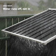 Apex roof of the dark grey metal shed with rain running off the sloped panels