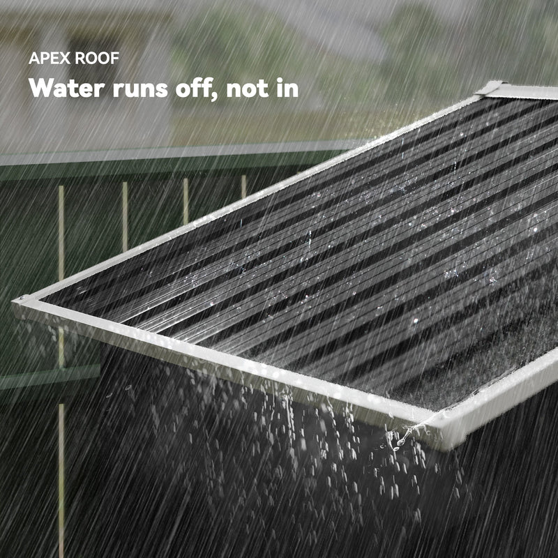 Apex roof of the dark grey metal shed with rain running off the sloped panels
