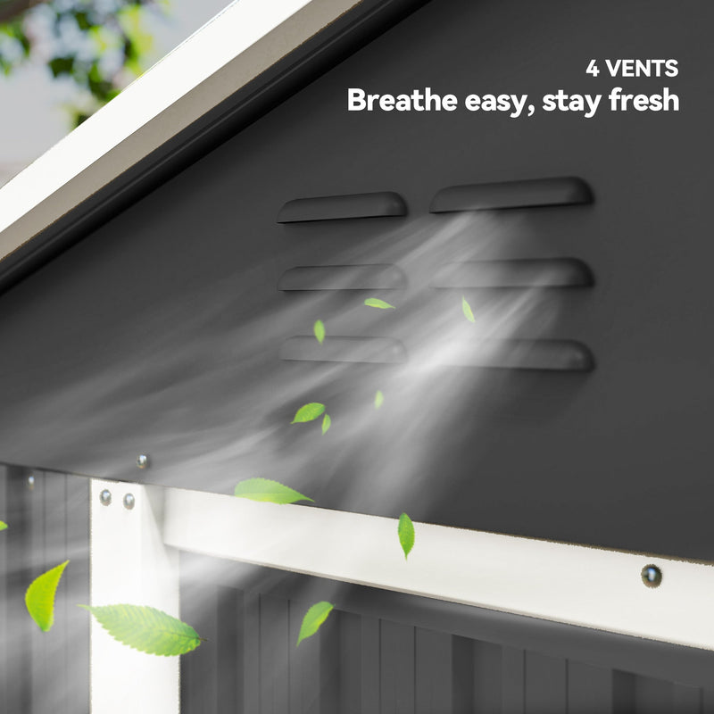 Close-up of the louvred vents on the dark grey shed gable with air flowing through