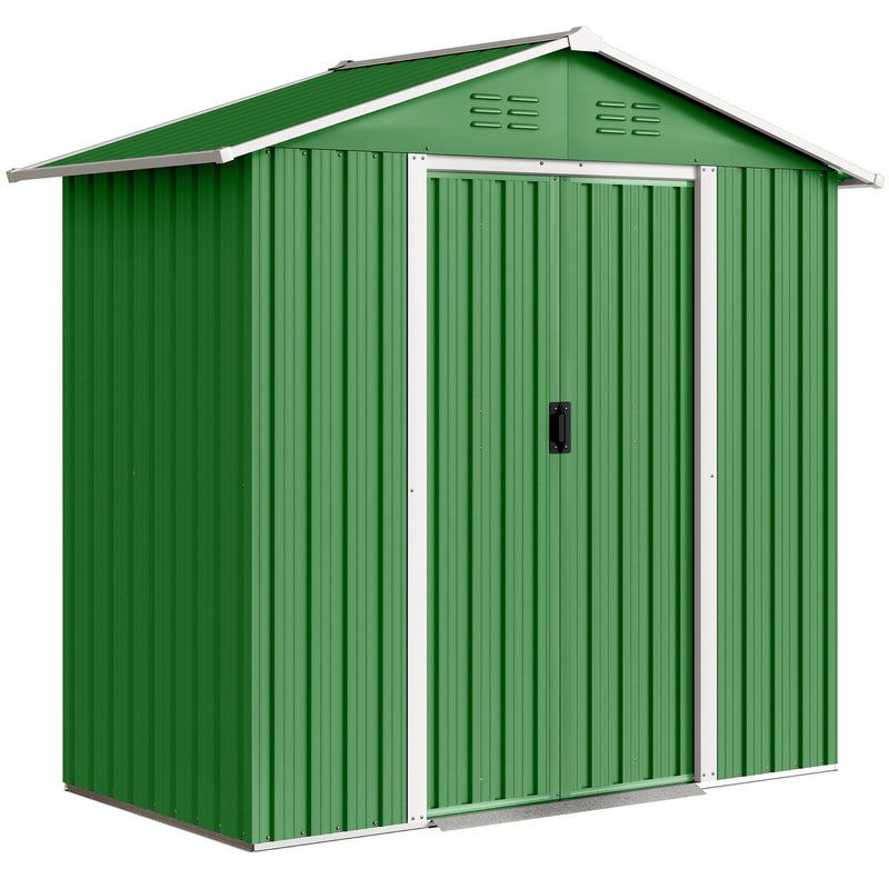 Green 6x4ft Outsunny metal garden shed with closed double sliding doors, front angle