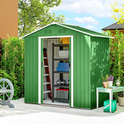 Green metal shed on a garden patio with the sliding doors open showing stored equipment