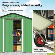 Sliding doors on the green shed with a 79 cm opening and a ramp for wheeled items